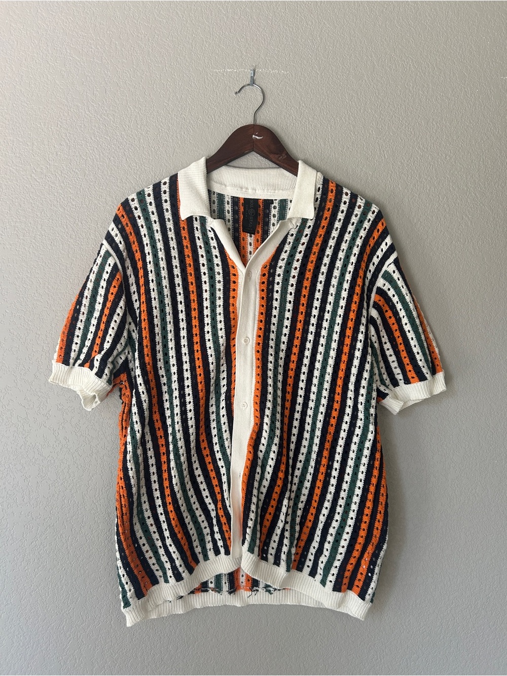 Striped Knit Polo in White, Orange & Green | Men’s Large | Vacation Bold
